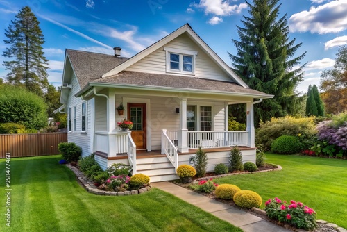 A quaint, small house boasts a clean white façade, a charming front porch, and a picturesque grassy yard,