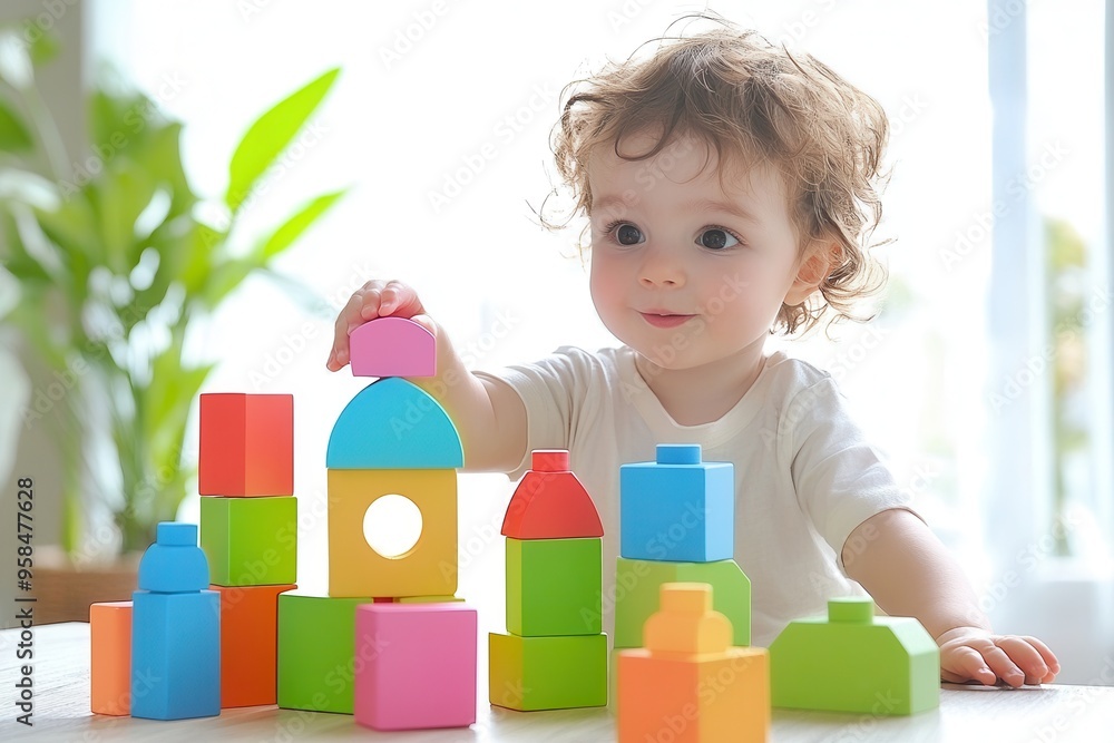 A curious child plays with colorful building blocks, fostering creativity and development in a bright, cheerful setting. A curious child plays with colorful building blocks, fostering creativity and development in a bright, cheerful setting.