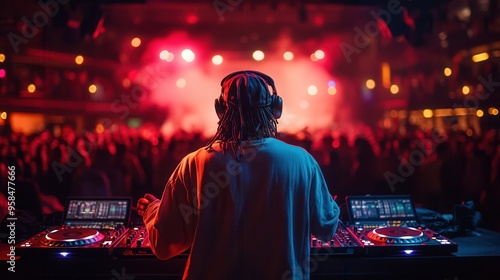 A DJ performs on stage in front of an energetic crowd, showcasing vibrant lights and a lively atmosphere at a music event.