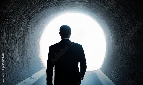 man walking through a dark tunnel toward a bright light