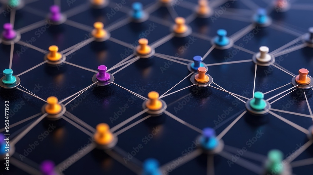 Colorful push pins connected by elastic strings illustrate a dynamic, networked structure on a dark background