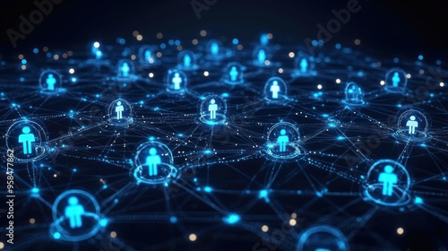A network of glowing blue icons represents individuals connected digitally on a dark background