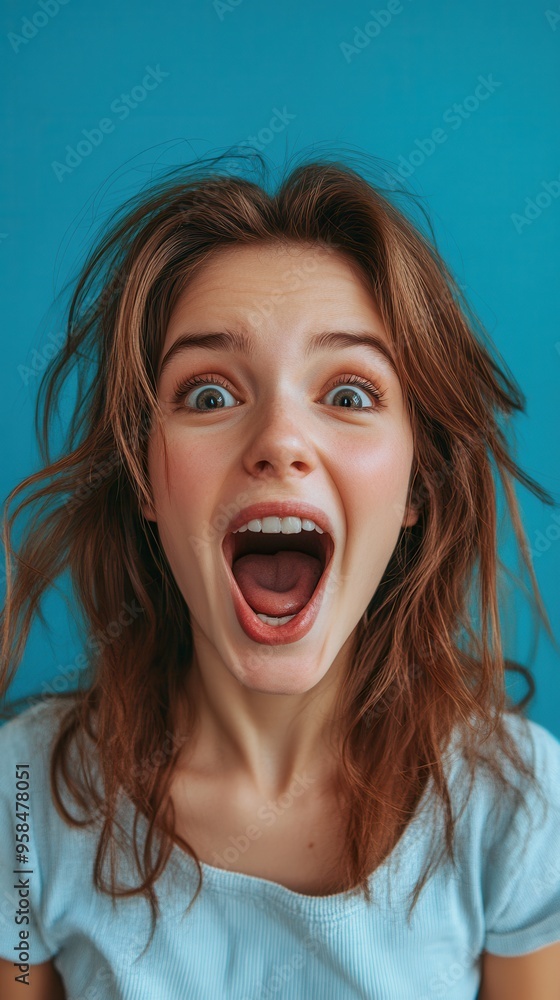 A joyful girl expressing excitement with wide eyes and a big open-mouth smile against a vibrant blue background. A joyful girl expressing excitement with wide eyes and a big open-mouth smile against a vibrant blue background.