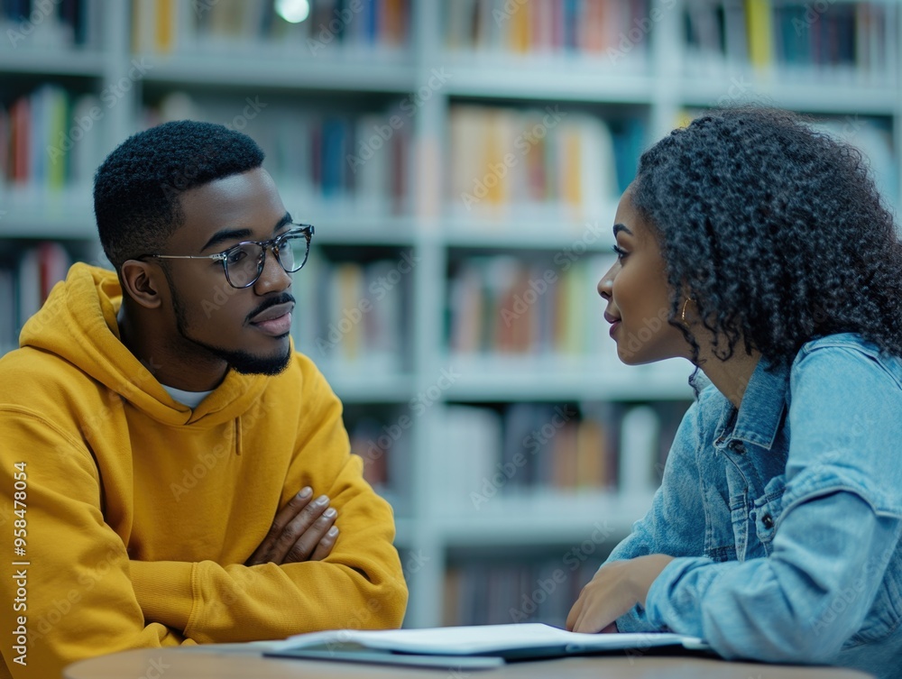 Study Session: Two Students Sharing a Book in Library Study Session: Two Students Sharing a Book in Library