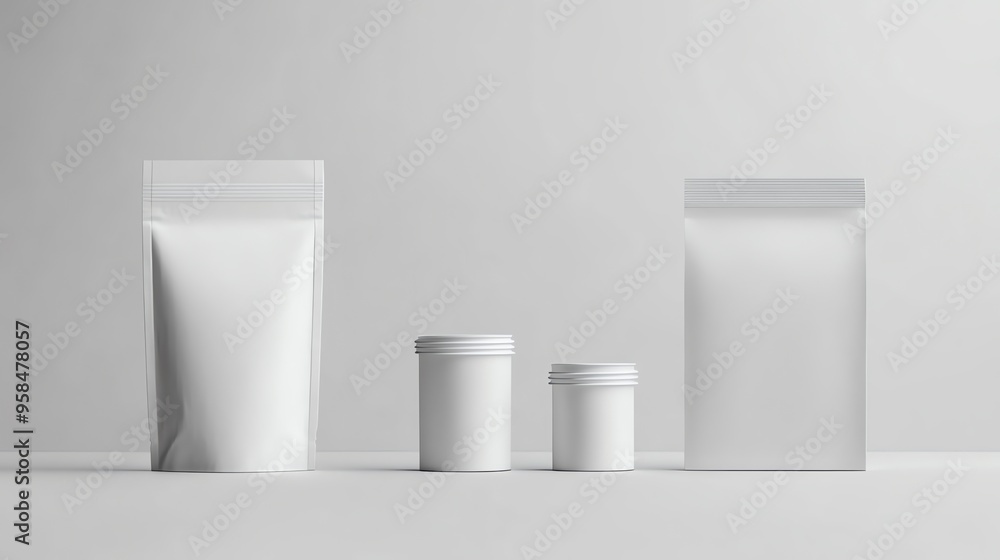 Three Blank White Packaging Products on a White Background Three Blank White Packaging Products on a White Background