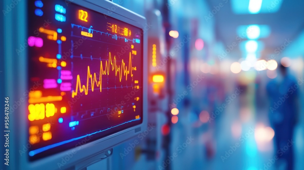 Obraz premium A medical monitor shows patient vital signs in a bustling hospital corridor filled with healthcare professionals