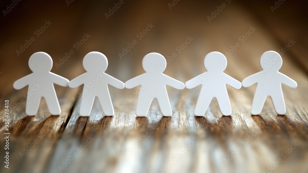 White paper cutouts stand together on a wooden surface, representing togetherness and cooperation among friends White paper cutouts stand together on a wooden surface, representing togetherness and cooperation among friends