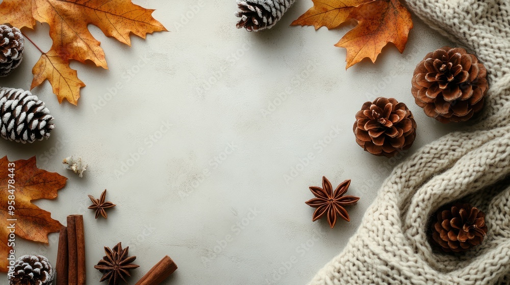 A collection of pine cones, autumn leaves, and warm textiles creates a cozy and inviting atmosphere for fall A collection of pine cones, autumn leaves, and warm textiles creates a cozy and inviting atmosphere for fall
