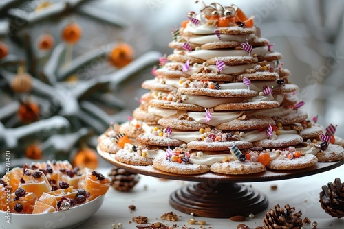 Norway: Kransekake A tall, ring-shaped cake made of stacked almond cookie rings, decorated with white icing and small Norwegian flags photo