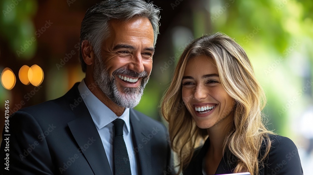 Two smiling professionals enjoy a lighthearted conversation under greenery in a bustling urban environment Two smiling professionals enjoy a lighthearted conversation under greenery in a bustling urban environment
