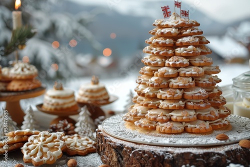 Norway: Kransekake A tall, ring-shaped cake made of stacked almond cookie rings, decorated with white icing and small Norwegian flags photo