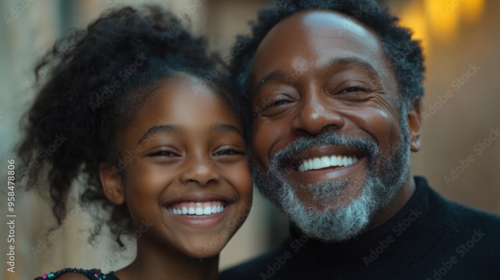 A happy grandfather and his granddaughter enjoy a warm, cheerful moment together in an urban environment A happy grandfather and his granddaughter enjoy a warm, cheerful moment together in an urban environment