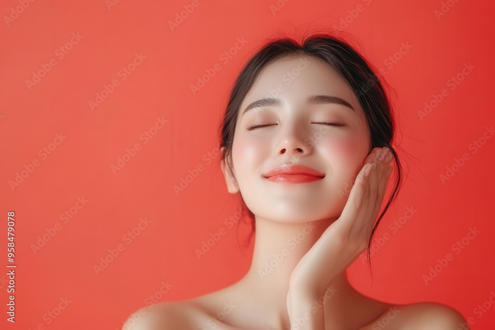 A joyful young woman with a radiant smile, showcasing natural beauty against a vibrant red background. A joyful young woman with a radiant smile, showcasing natural beauty against a vibrant red background.