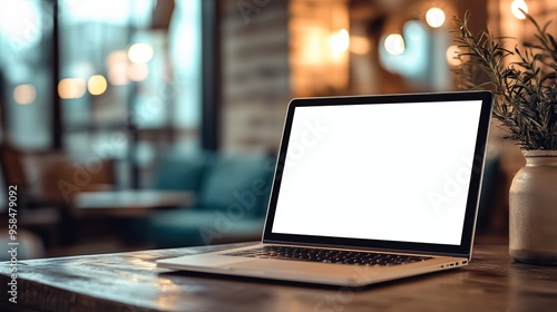 A modern laptop on a wooden table in a cozy cafe, perfect for remote work or study. Ideal for technology and lifestyle themes.