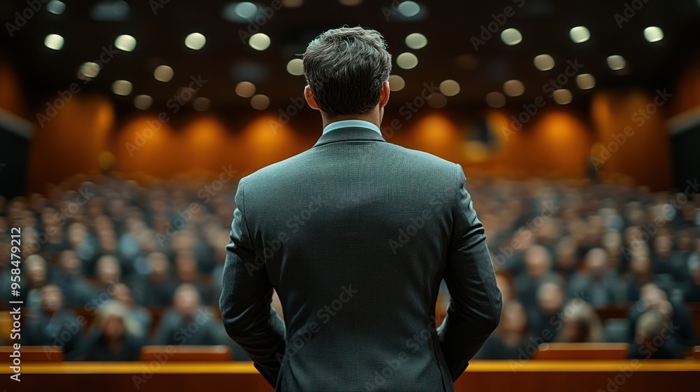 A speaker stands before an attentive crowd in a formal setting, engaging the audience with a presentation A speaker stands before an attentive crowd in a formal setting, engaging the audience with a presentation