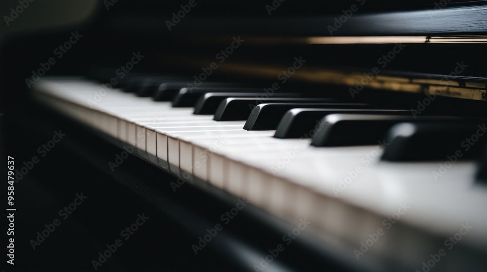 A detailed view of the piano keys captures the classic black and white colors in a softly lit environment A detailed view of the piano keys captures the classic black and white colors in a softly lit environment