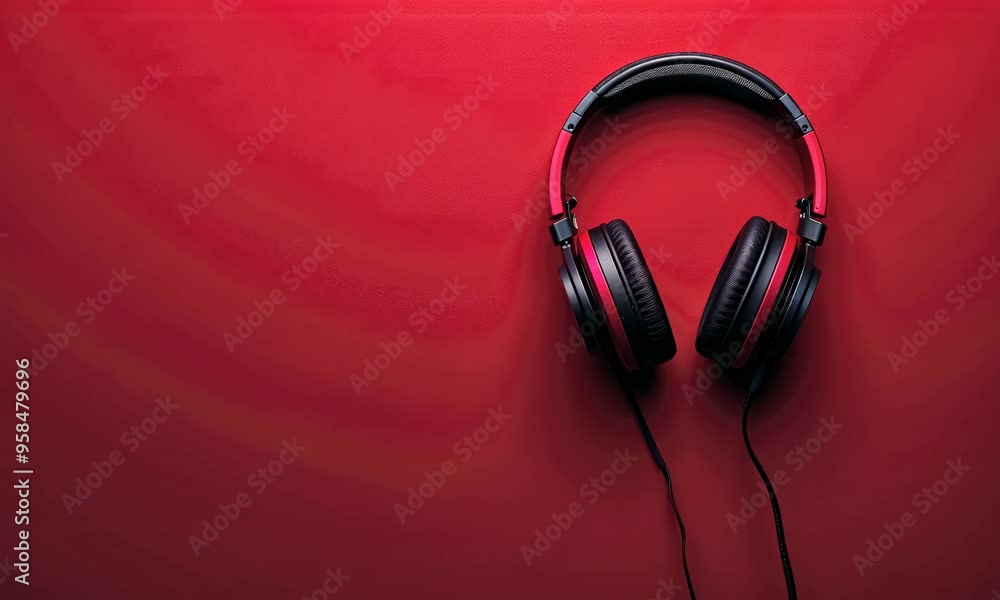 Black headphones on a red gradient background Black headphones on a red gradient background
