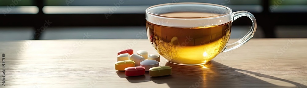 A serene scene featuring a cup of herbal tea beside colorful herbal pills on a wooden table, perfect for wellness themes. A serene scene featuring a cup of herbal tea beside colorful herbal pills on a wooden table, perfect for wellness themes.