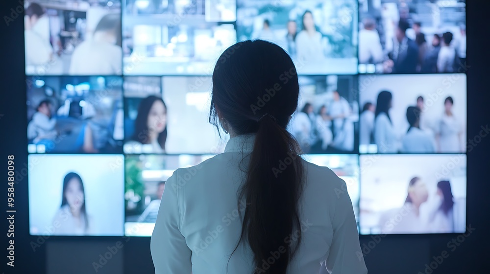 A woman in a white shirt stands in front of a wall of screens displaying various images. A woman in a white shirt stands in front of a wall of screens displaying various images.