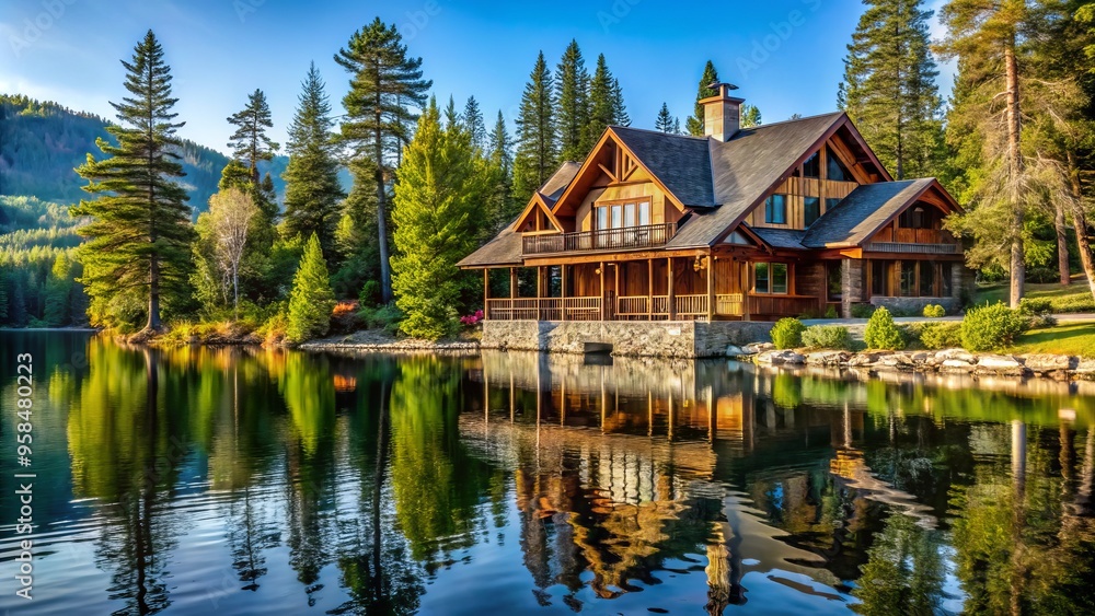 A serene rustic lakefront lodge is transformed into a haven of calm, surrounded by vibrant greenery and warm