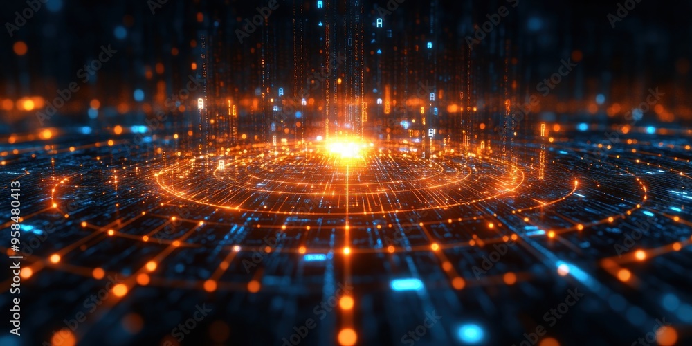 Fototapeta premium Bright particles radiate outward from a central point in a dynamic, futuristic digital atmosphere