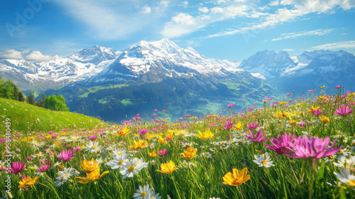 A stunning view of the Alps with snow-capped peaks and vibrant wildflowers in full bloom on a sunny spring day.