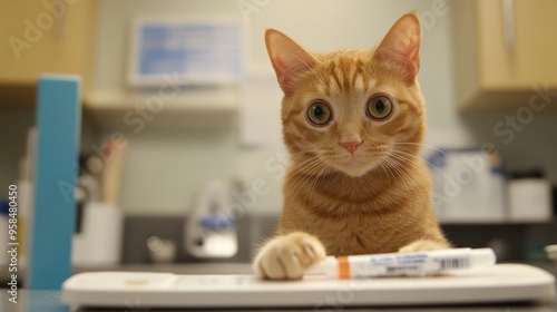 Orange tabby cat in an exam room taking a pregnancy test, offering a whimsical and unique perspective.