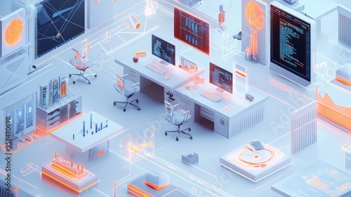 Isometric Illustration of a Modern Tech Office with Computers and Networks photo