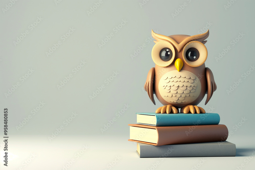 cute owl character sitting on a stack of books, children's education concept cute owl character sitting on a stack of books, children's education concept