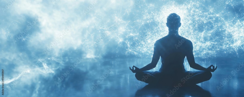 A serene silhouette of a person meditating, surrounded by a tranquil blue atmosphere, promoting peace and mindfulness. A serene silhouette of a person meditating, surrounded by a tranquil blue atmosphere, promoting peace and mindfulness.