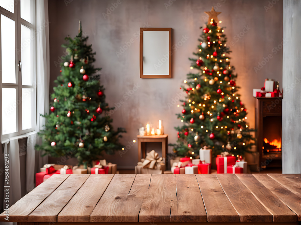 Wooden table in room decorated for Christmas. Space for design. Wooden table in room decorated for Christmas. Space for design.
