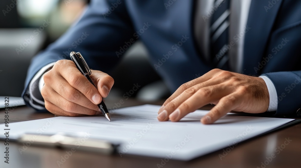 A well-dressed business professional is carefully signing documents at a modern office desk A well-dressed business professional is carefully signing documents at a modern office desk