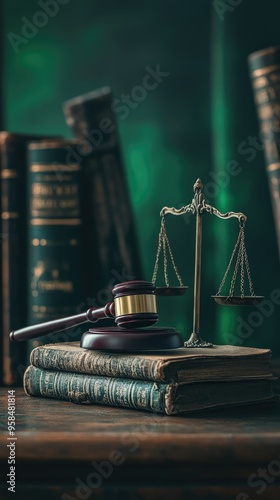 Gavel and Scales of Justice on Ancient Book Representing the Law photo