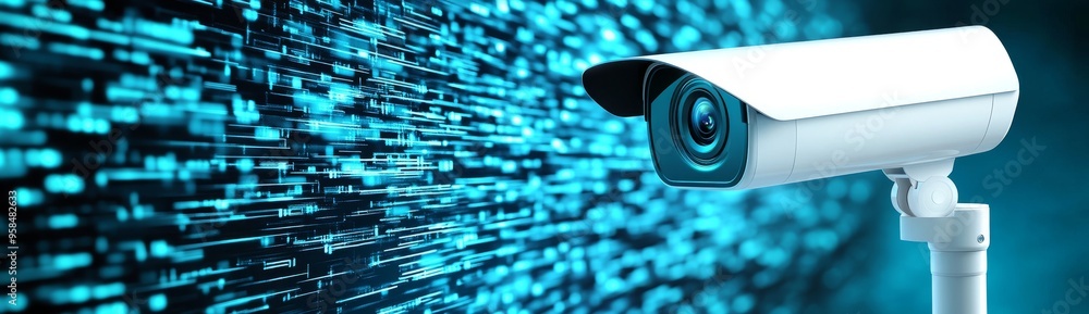 White Security Camera on Right Side of Abstract Blue Background with Digital Lines and Glowing Lights White Security Camera on Right Side of Abstract Blue Background with Digital Lines and Glowing Lights