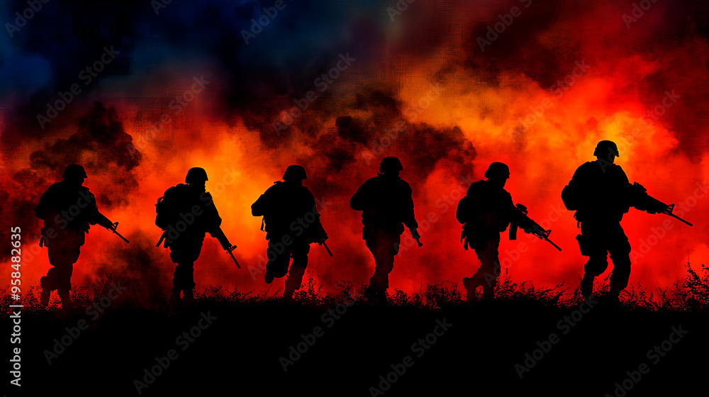 Silhouette action soldiers walking hold weapons the background is smoke and sunset and white balance ship effect dark. Silhouette action soldiers walking hold weapons the background is smoke and light Silhouette action soldiers walking hold weapons the background is smoke and sunset and white balance ship effect dark. Silhouette action soldiers walking hold weapons the background is smoke and light