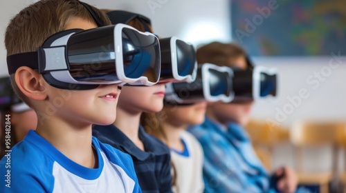 Technology in education, showing students using virtual reality headsets