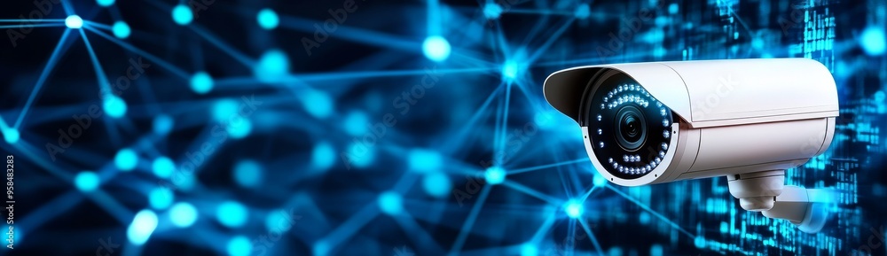White Security Camera on Right Side of Abstract Blue Background with Digital Lines and Glowing Lights White Security Camera on Right Side of Abstract Blue Background with Digital Lines and Glowing Lights