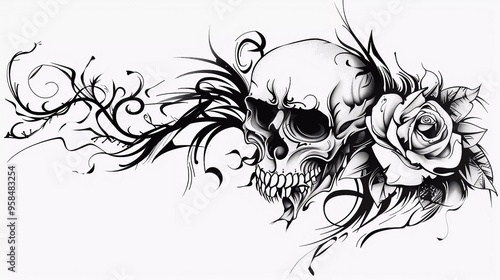 black and white illustration of skull combine with rose tribal tattoo design