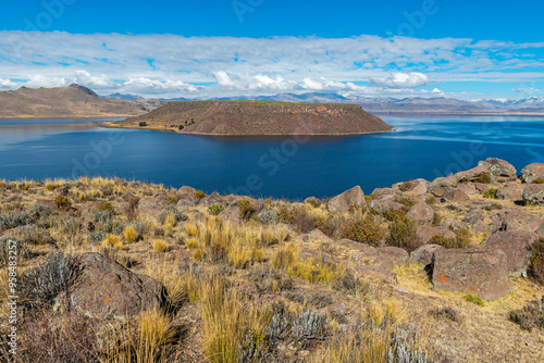 Umayo Lake by Sillustani funerary towers, Titicaca Lake region, Puno, Peru. photo