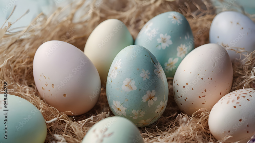 Decoratively painted Easter eggs arranged in a nest of straw, showcasing springtime colors and floral designs in a cozy setting Decoratively painted Easter eggs arranged in a nest of straw, showcasing springtime colors and floral designs in a cozy setting