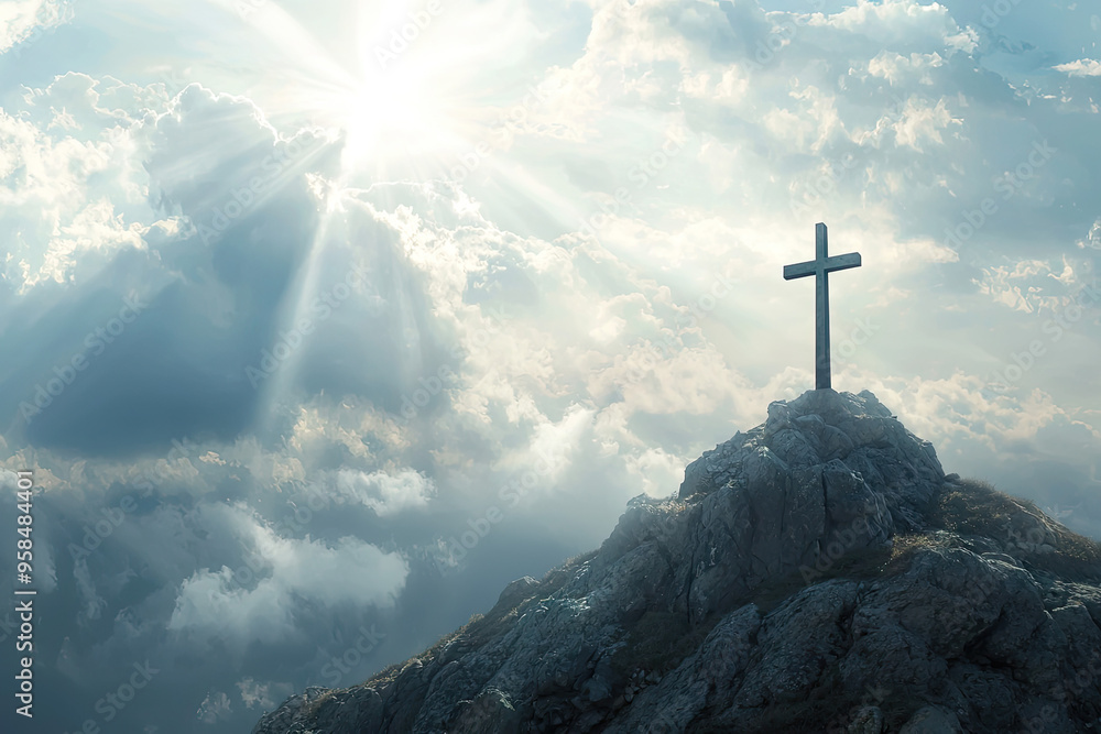 A solitary cross stands tall on a rocky peak, bathed in the ethereal glow of sunlight piercing through clouds, a powerful symbol of faith and hope. A solitary cross stands tall on a rocky peak, bathed in the ethereal glow of sunlight piercing through clouds, a powerful symbol of faith and hope.