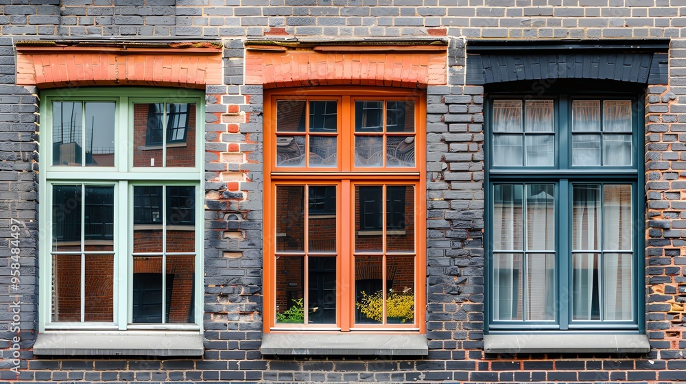 Fototapeta premium Three windows in a brick wall, each painted a different color.