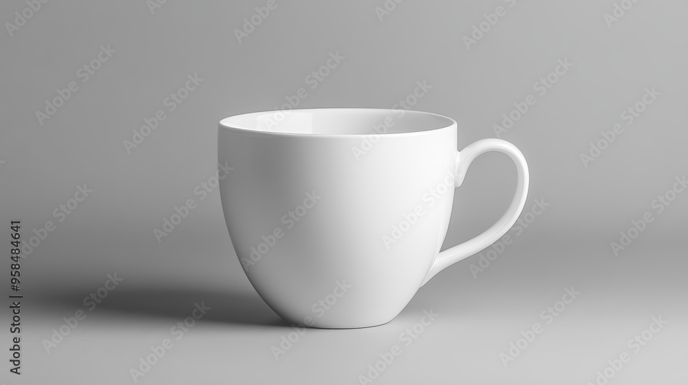 An empty white porcelain drinking cup is displayed from the front against a gray backdrop. The mug is devoid of any design or decoration, exhibiting a minimalist and elegant aesthetic. An empty white porcelain drinking cup is displayed from the front against a gray backdrop. The mug is devoid of any design or decoration, exhibiting a minimalist and elegant aesthetic.