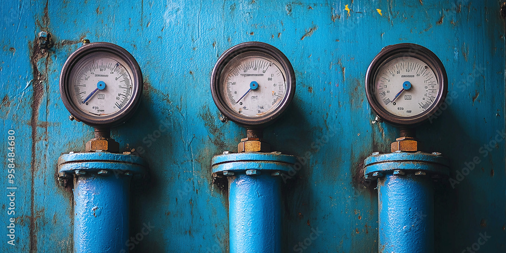 Close up of three gauges on blue pipes Close up of three gauges on blue pipes
