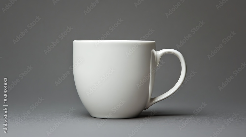 An empty white porcelain drinking cup is displayed from the front against a gray backdrop. The mug is devoid of any design or decoration, exhibiting a minimalist and elegant aesthetic. An empty white porcelain drinking cup is displayed from the front against a gray backdrop. The mug is devoid of any design or decoration, exhibiting a minimalist and elegant aesthetic.