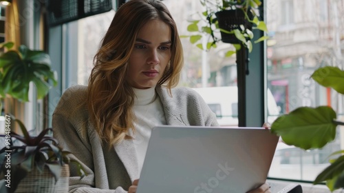 Professional woman using a laptop in a chic office space, showing focus and style