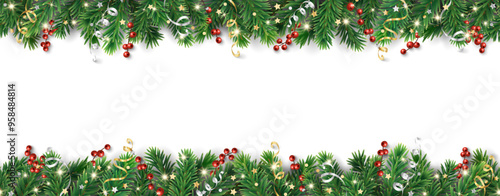 Christmas seamless decoration isolated on white background. Christmas tree border, frame. Holly berries and ribbons. For holiday headers, banners, party posters. Vector.