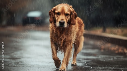 Sad golden retriever walking in the rain, featuring a heavy downpour and a touch of melancholy. photo