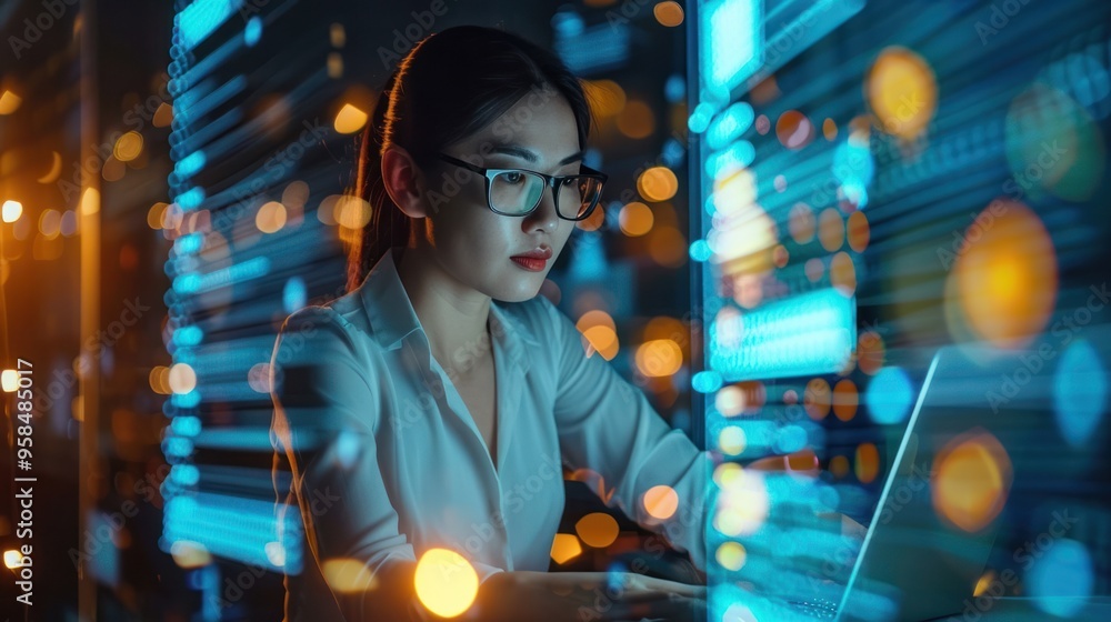 Obraz premium Professional woman looking at data on her laptop, showing concentration