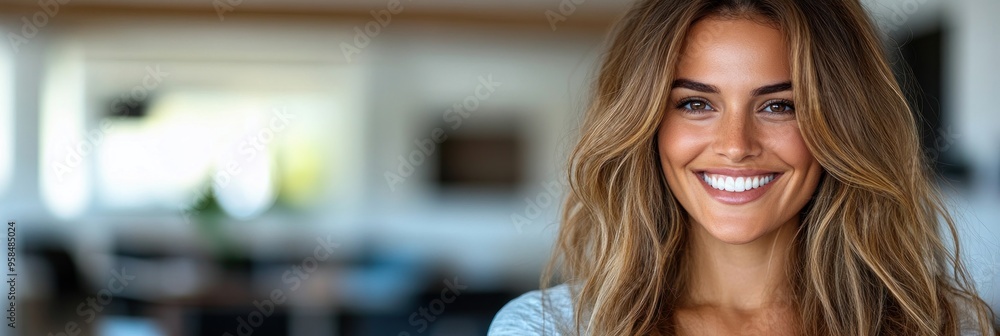 A joyful woman with long hair smiles, lighting up the indoor area with her cheerful presence A joyful woman with long hair smiles, lighting up the indoor area with her cheerful presence